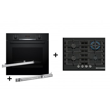 Zestaw piekarnik BOSCH HBA514BB3 + prowadnice teleskopowe BOSCH HEZ538000 + p yta gazowa BOSCH PNH6B6K40