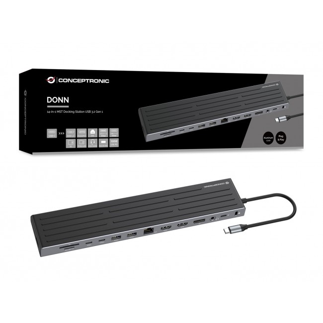 Conceptronic DONN32B 14-in-1 MST Docking Station USB 3.2 Gen 1, HDMI x 2, DP, GbE LAN, USB-A 5Gbps x 3, USB-C 5Gbps x 2, SD, TF/MicroSD, 3.5mm headset, Security Slot, 100W USB PD Conceptronic DONN32B 14-in-1 MST Docking Station USB 3.2 Gen 1, HDMI x 2, DP, GbE LAN, USB-A 5Gbps x 3, USB-C 5Gbps x 2, SD, TF/MicroSD, 3.5mm headset, Security Slot, 100W USB PD