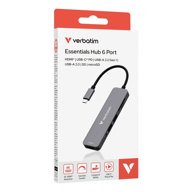 Verbatim USB-C Essentials Multiport Hub 6 ports: HDMI, USB-C PD, USB-A 3.2 Gen 1, USB-A, SD & microSD Verbatim USB-C Essentials Multiport Hub 6 ports: HDMI, USB-C PD, USB-A 3.2 Gen 1, USB-A, SD & microSD