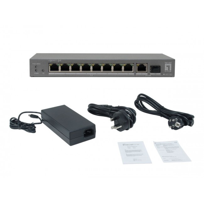 LevelOne 10-Port Gigabit PoE Switch, 802.3af/at PoE, 8 PoE Outputs, 120W Power Budget, 1 x Gigabit SFP, 1 x Gigabit RJ45 Uplink