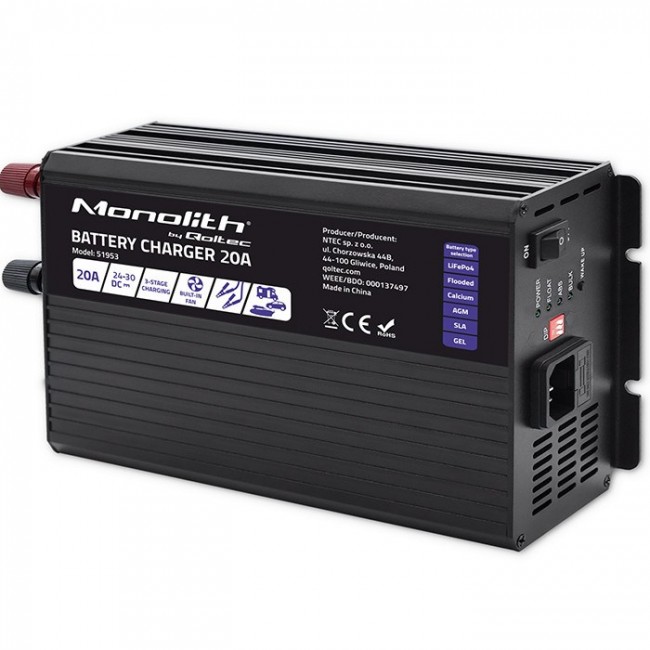 Qoltec Smart Monolith Battery Charger for LiFePO4 AGM GEL SLA batteries | 20A | 24V Qoltec Smart Monolith Battery Charger for LiFePO4 AGM GEL SLA batteries | 20A | 24V