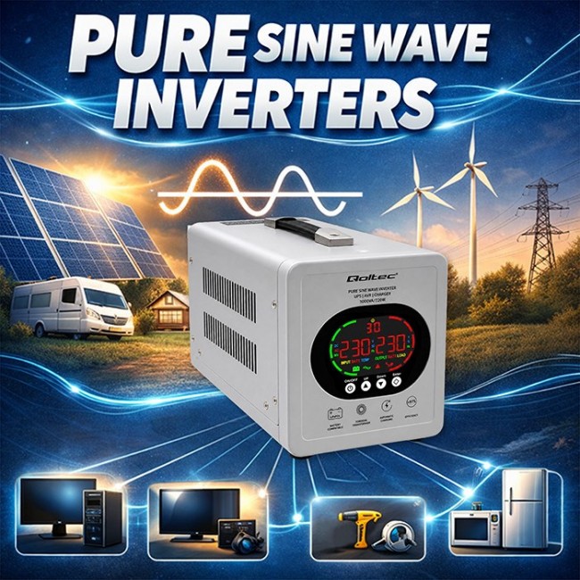 Qoltec Zasilacz awaryjny UPS Pure Sine Wave | 1000VA/720W | Przetwornica 12/230V z AVR | LCD | LiFePO4 AGM GEL