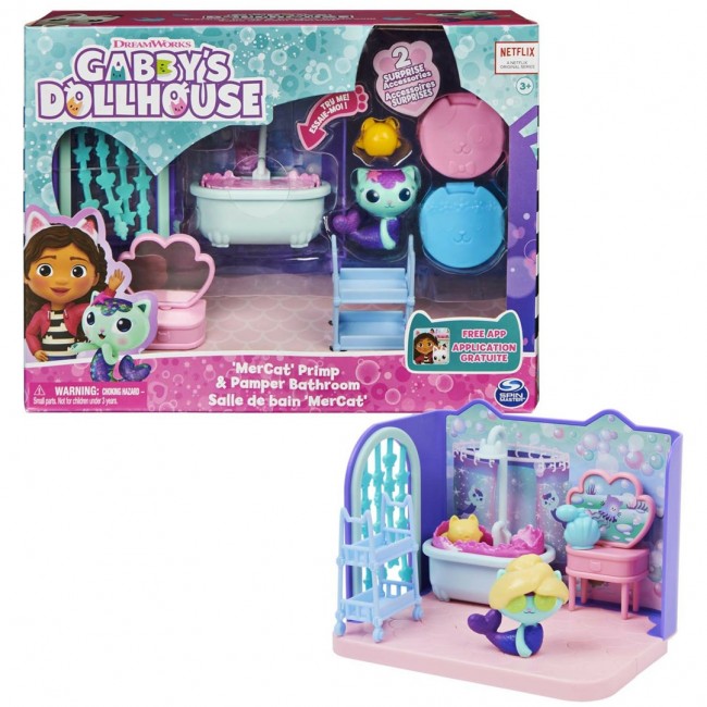 Gabby's Dollhouse Primp and Pamper Bathroom with MerCat Figure, 3 Accessories, 3 Furniture and 2 Deliveries, Kids Toys for Ages 3 and up Gabby's Dollhouse Primp and Pamper Bathroom with MerCat Figure, 3 Accessories, 3 Furniture and 2 Deliveries, Kids Toys for Ages 3 and up