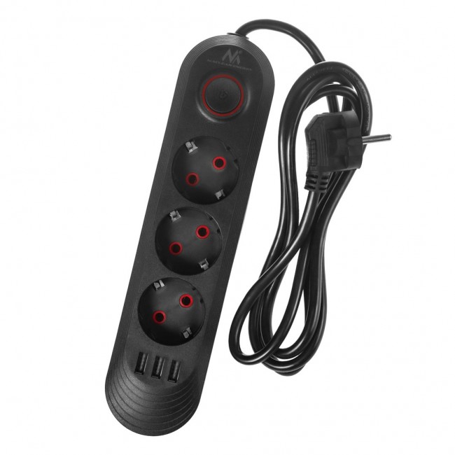 Maclean power strip, 3-socket extension cable + 3xUSB, 110-240V AC 50/60Hz, 2.1A max 2500W, 1.5m, black, MCE394 B Maclean power strip, 3-socket extension cable + 3xUSB, 110-240V AC 50/60Hz, 2.1A max 2500W, 1.5m, black, MCE394 B