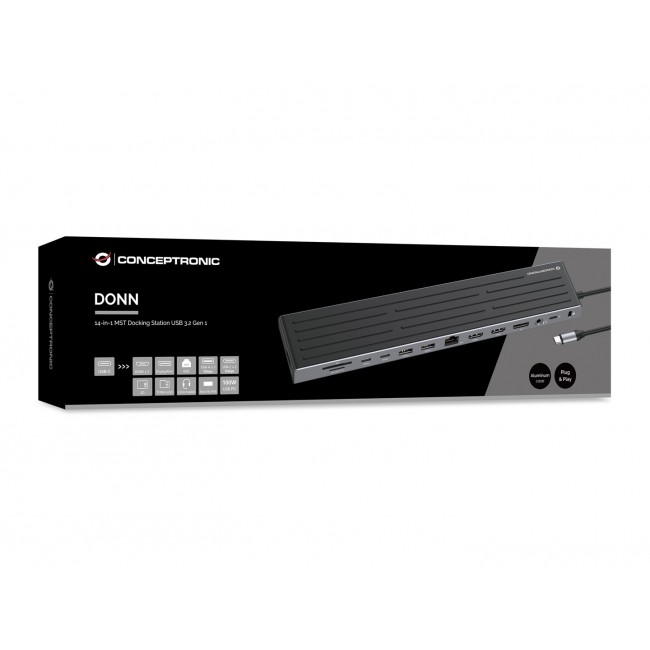 Conceptronic DONN32B 14-in-1 MST Docking Station USB 3.2 Gen 1, HDMI x 2, DP, GbE LAN, USB-A 5Gbps x 3, USB-C 5Gbps x 2, SD, TF/MicroSD, 3.5mm headset, Security Slot, 100W USB PD Conceptronic DONN32B 14-in-1 MST Docking Station USB 3.2 Gen 1, HDMI x 2, DP, GbE LAN, USB-A 5Gbps x 3, USB-C 5Gbps x 2, SD, TF/MicroSD, 3.5mm headset, Security Slot, 100W USB PD