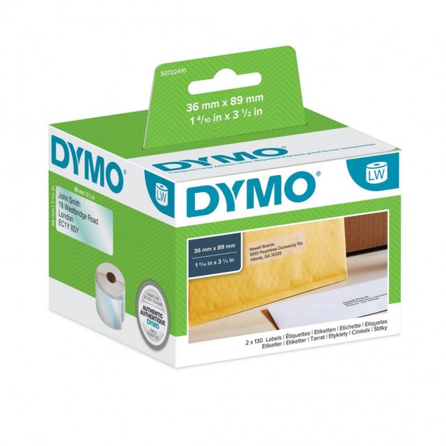 DYMO Authentic LabelWriter Large Address Labels | 36mm x 89mm | Black Print on Clear Labels | 2 Rolls of 130 (260 Easy-Peel Labels) | Self-Adhesive | for LabelWriter Label Makers
