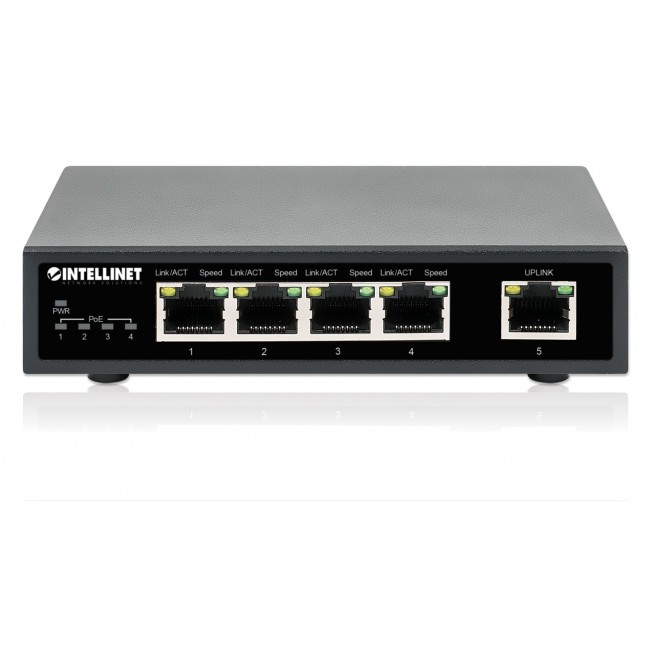 Intellinet 5-Port Gigabit Ethernet PoE+ Switch, Four PSE PoE Ports, IEEE 802.3at/af (PoE+/PoE) Compliant, PoE Power Budget up to 62 W, Desktop Format Intellinet 5-Port Gigabit Ethernet PoE+ Switch, Four PSE PoE Ports, IEEE 802.3at/af (PoE+/PoE) Compliant, PoE Power Budget up to 62 W, Desktop Format