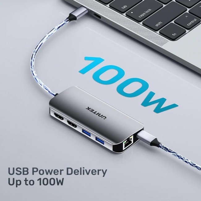 UNITEK ACTIVE HUB USB-C 2X HDMI 4K, RJ45, PD 100W UNITEK ACTIVE HUB USB-C 2X HDMI 4K, RJ45, PD 100W