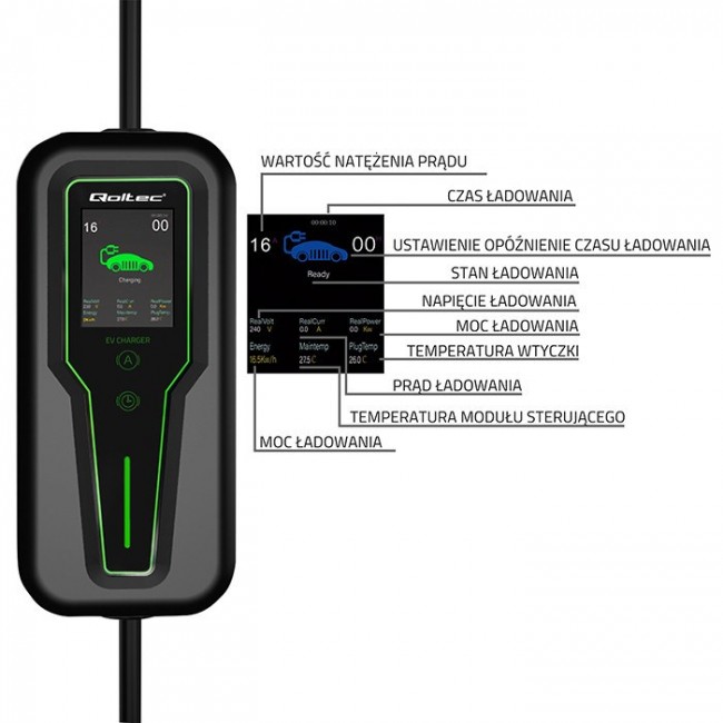 Qoltec Mobile EV Car Charger Adjustable 2in1 Type2 | 3.5kW | 230V | LCD | Portable | Wallbox | 5m