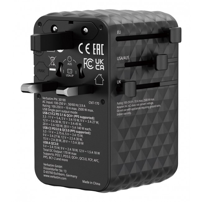 Verbatim Charge 'n' Travel 170W Universal Travel Adapter Black