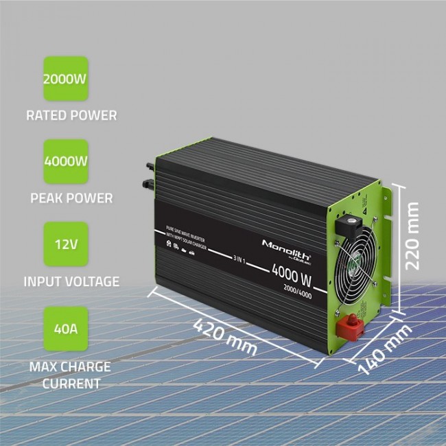 Qoltec Monolith 3-in-1 Solar Inverter with AC Charging | MPPT | UPS | ATS | 2000W | 4000W | 12V to 230V | Pure Sine Qoltec Monolith 3-in-1 Solar Inverter with AC Charging | MPPT | UPS | ATS | 2000W | 4000W | 12V to 230V | Pure Sine