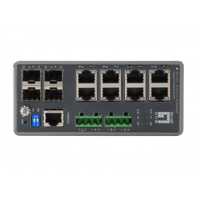 LevelOne TURING 12-Port L3 Lite Managed Gigabit Industrial Switch, 4 x SFP, DIN-Rail, -40 C to 75 C