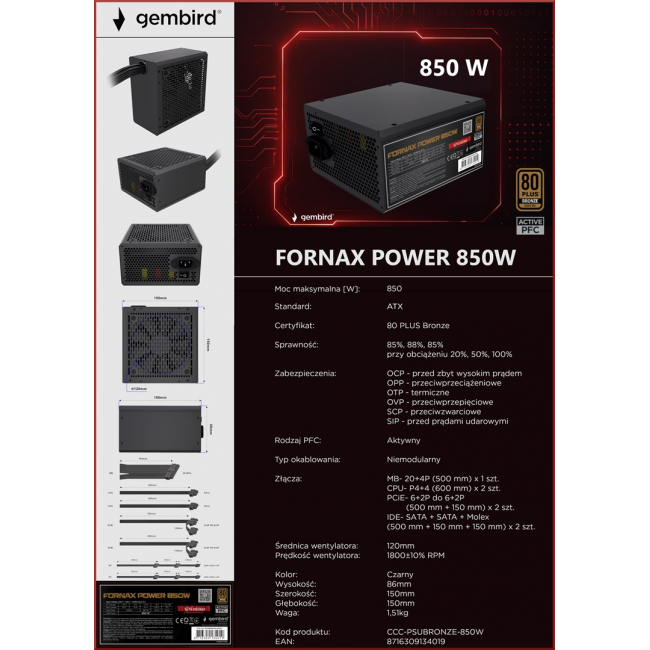 Gembird CCC-PSUBRONZE-850W Power supply unit Fornax Power 850W active PFC 12cm fan 80+Bronze color box