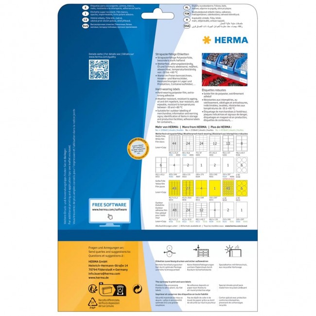 HERMA Labels hard-wearing A4 210x148 mm white strong adhesion film matt weatherproof 50 pcs.