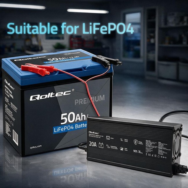 Qoltec Specjalistyczna adowarka do akumulatora LiFePO4 12V | 20A | PF 0.9 | LED | Inteligentne adowanie