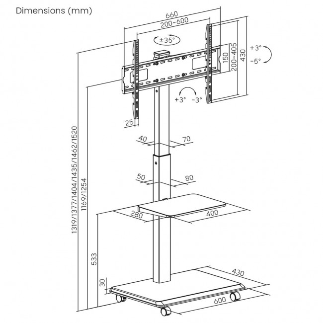 Stand / cart for TV Ergo-Office, max. load 50kg / 5kg shelf, max. VESA 600x400, built-in power strip, black, ER-304 B Stand / cart for TV Ergo-Office, max. load 50kg / 5kg shelf, max. VESA 600x400, built-in power strip, black, ER-304 B