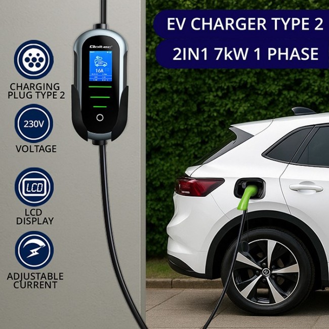 Qoltec Mobilna adowarka do samochodu elektrycznego EV i hybryd z regulacją 2w1 Typ2 | 7kW | 230V | CEE 32A | Wi-fi | TUYA | SMART LIFE | LCD | Przeno na | Wallbox | 5m