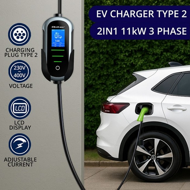 Qoltec Mobilna adowarka do samochodu elektrycznego EV i hybryd z regulacją 2w1 Typ2 | 11kW | 400V | CEE 16A | Wi-fi | TUYA | SMART LIFE | LCD | Przeno na | Wallbox | 5m