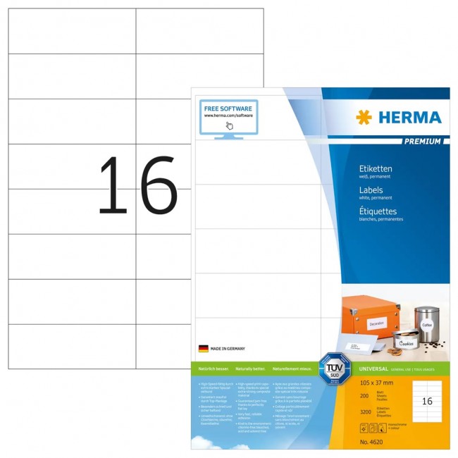 HERMA Labels Premium A4 105x37 mm white paper matt 3200 pcs. HERMA Labels Premium A4 105x37 mm white paper matt 3200 pcs.