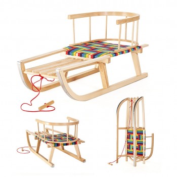 GreenBlue GB138 Wooden Kids Sledge with Removable Backrest Fabric Seat and Pull Rope Sturdy Beech Wood