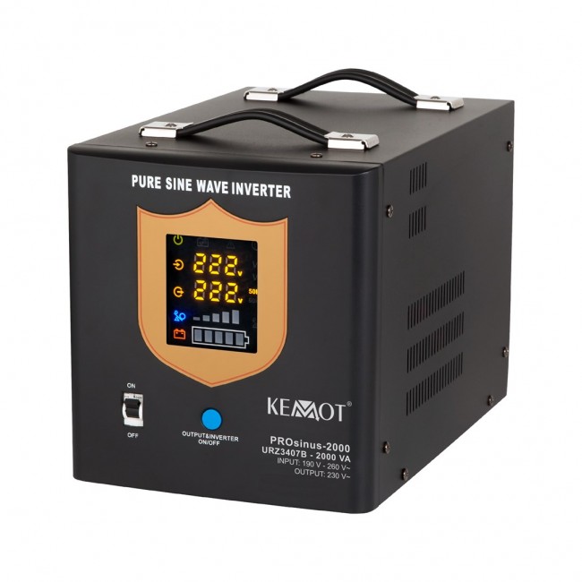 Uninterruptible power supply KEMOT PROsinus-2000 converter with pure sine wave and charging function 12V 230V 2000VA/1200W - black color Uninterruptible power supply KEMOT PROsinus-2000 converter with pure sine wave and charging function 12V 230V 2000VA/1200W - black color