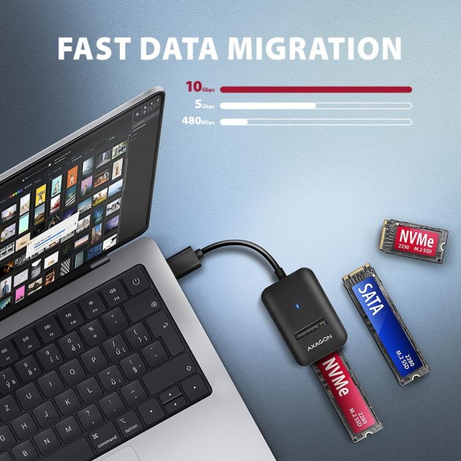 Axagon ADM2-AM USB-A 10Gbps - M.2 NVMe & SATA SSD adapt r, kabelis USB-A 10cm SSD enclosure Black