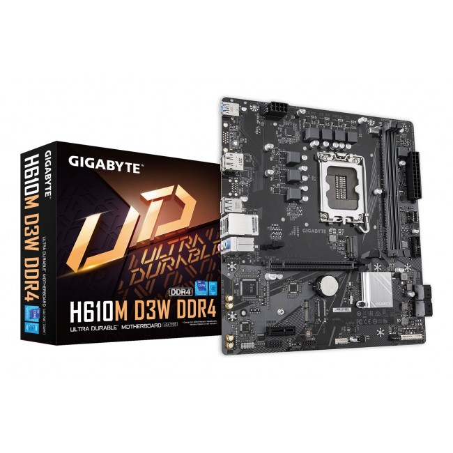 GIGABYTE H610M D3W DDR4 Motherboard - Supports 14th Gen. Intel Core CPUs, 5+1+1 phases VRM, up to 3200MHz DDR4, 1xPCIe 3.0 M.2, 1GbE LAN, USB 3.2 Gen 1 GIGABYTE H610M D3W DDR4 Motherboard - Supports 14th Gen. Intel Core CPUs, 5+1+1 phases VRM, up to 3200MHz DDR4, 1xPCIe 3.0 M.2, 1GbE LAN, USB 3.2 Gen 1