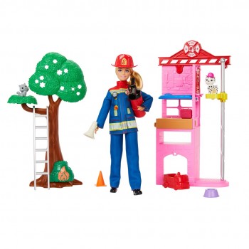 Barbie Firefighter Playset with Blonde Fashion Doll, Fire Station, 2 Pets & 10+ Accessories