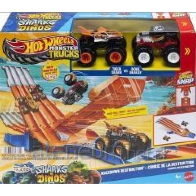 Hot Wheels Monster Trucks Sharks vs. Dinos Racedown Destruction Track Set & 2 1:64 Scale Toy Trucks