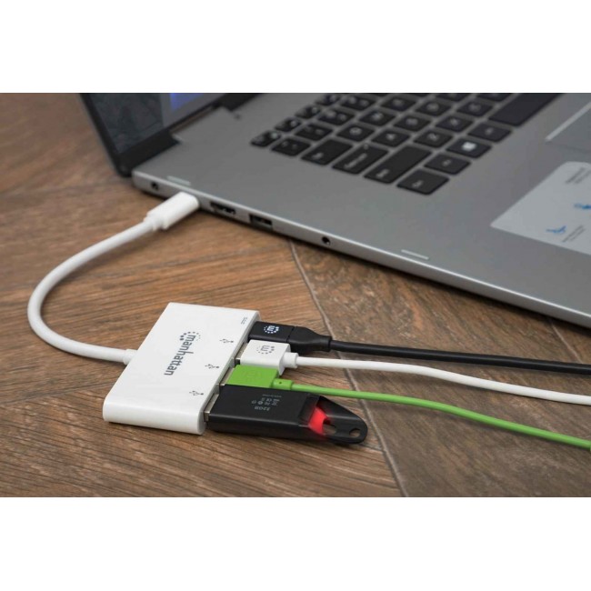 Manhattan USB-C Dock/Hub, Ports (x4): USB-A (x3) and USB-C, 5 Gbps (USB 3.2 Gen1 aka USB 3.0), With Power Delivery (60W) to USB-C Port (Note additional USB-C wall charger and USB-C cable needed), SuperSpeed USB, White, Three Year Warranty, Blister Manhattan USB-C Dock/Hub, Ports (x4): USB-A (x3) and USB-C, 5 Gbps (USB 3.2 Gen1 aka USB 3.0), With Power Delivery (60W) to USB-C Port (Note additional USB-C wall charger and USB-C cable needed), SuperSpeed USB, White, Three Year Warranty, Blister