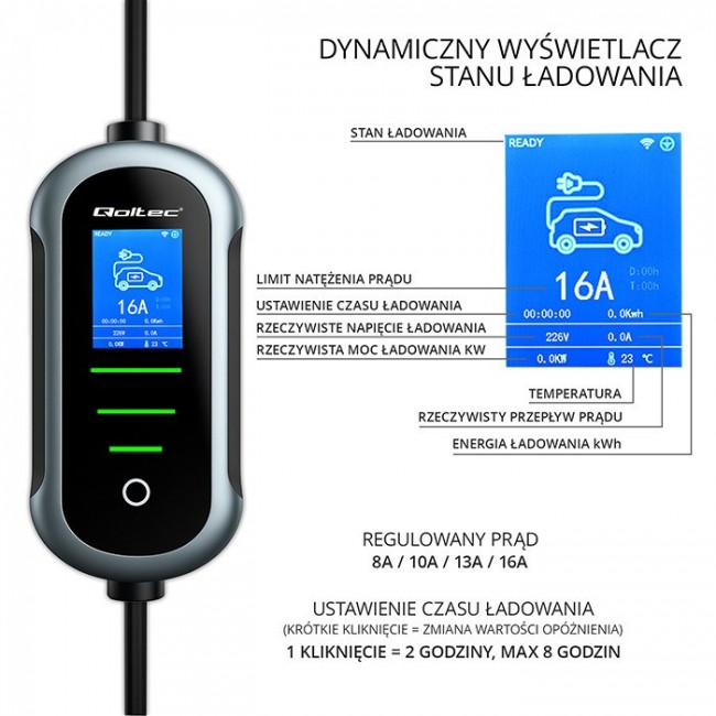 Qoltec Mobilna adowarka do samochodu elektrycznego EV i hybryd z regulacją 2w1 Typ2 | 11kW | 400V | CEE 16A | Wi-fi | TUYA | SMART LIFE | LCD | Przeno na | Wallbox | 5m