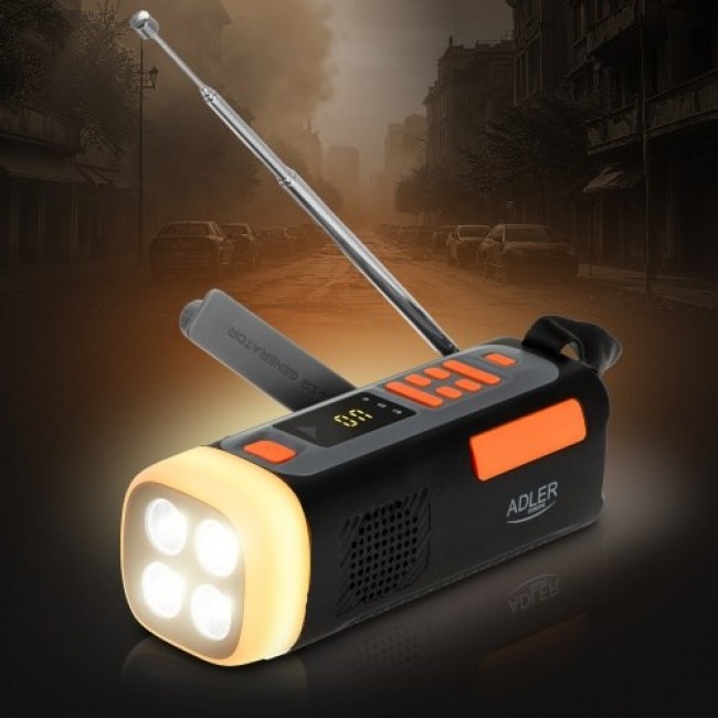 Adler AD 1920 Emergency radio Solar panel / Crank / Powerbank 4500 mAh Black