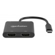 Manhattan USB-C to Dual HDMI and USB-A Adapter, Dual 4K@30Hz or Single 4K@60Hz, USB 2.0 USB-A Port (480 Mbps), Up to 100W USB-C Power Delivery Pass-Through, 15cm Cable, Black, Three Year Warranty