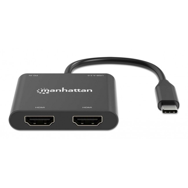 Manhattan USB-C to Dual HDMI and USB-A Adapter, Dual 4K@30Hz or Single 4K@60Hz, USB 2.0 USB-A Port (480 Mbps), Up to 100W USB-C Power Delivery Pass-Through, 15cm Cable, Black, Three Year Warranty