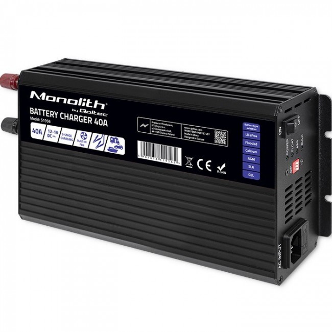 Qoltec Intelligent Professional Monolith Battery Charger for LiFePO4 AGM GEL SLA batteries | 40A | 12V