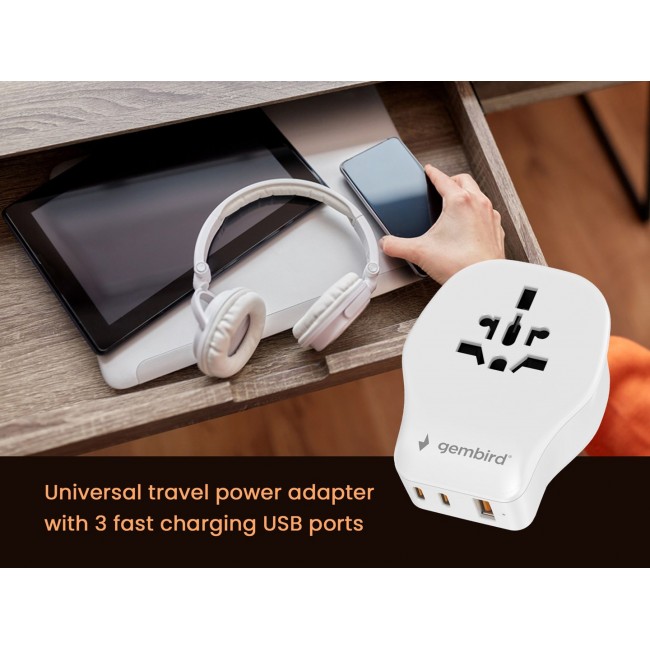 Gembird TPA-1A2C20-02-W Universal travel power adapter, 20 W, white Gembird TPA-1A2C20-02-W Universal travel power adapter, 20 W, white