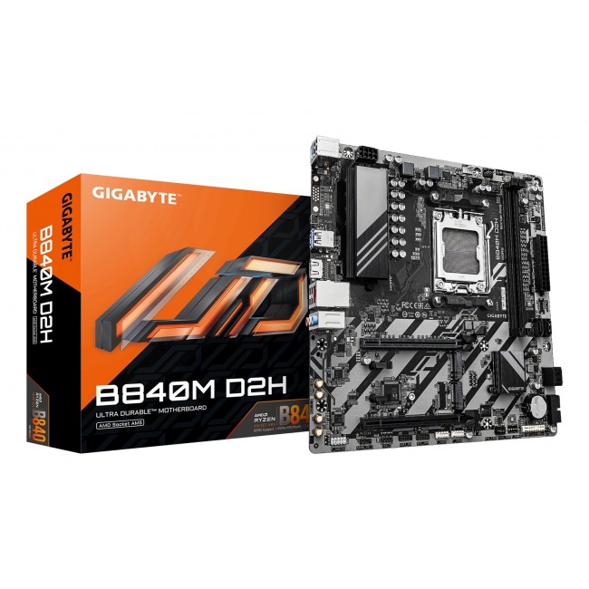 GIGABYTE B840M D2H Motherboard - AMD Ryzen 9000 CPUs, 5+2+2 Phases VRM, up to 7600MHz DDR5, 1xPCIe 4.0 + 1xPCIe 3.0 M.2, 2.5GbE LAN, USB 3.2 Gen 1