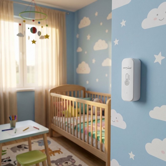 GreenBlue WiFi Temperature and Humidity Sensor, Android/iOS/Alexa/Google Home, 3.0V DC, LR03x2, GB737 GreenBlue WiFi Temperature and Humidity Sensor, Android/iOS/Alexa/Google Home, 3.0V DC, LR03x2, GB737