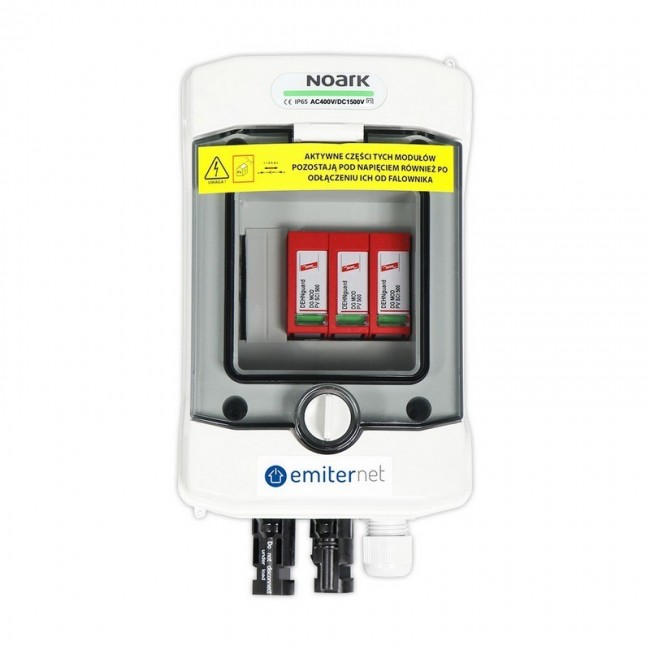 Switchgear attached DC hermetic IP65 EMITTER with DC surge arrester Dehn 1000V type 2, 1x PV string, 1x MPPT Switchgear attached DC hermetic IP65 EMITTER with DC surge arrester Dehn 1000V type 2, 1x PV string, 1x MPPT