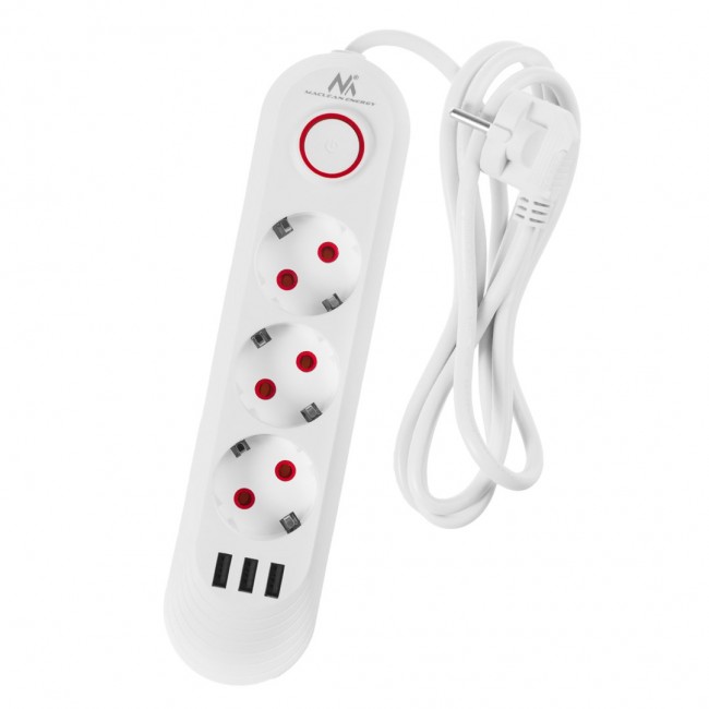 Maclean power strip, 3 socket extension + 3xUSB, 110-240V AC 50/60Hz, 2.1A max 2500W, 1.5m, white, MCE394 W Maclean power strip, 3 socket extension + 3xUSB, 110-240V AC 50/60Hz, 2.1A max 2500W, 1.5m, white, MCE394 W
