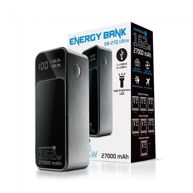 Powerbank 27 000mAh, 1x USB, 2x USB-C, 162,5W, QC4+, flashlight, LCD screen, black