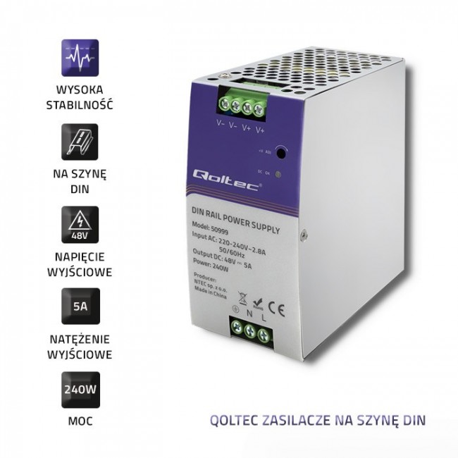Qoltec 50999 DIN rail power supply | 240W | 48V | 5A Qoltec 50999 DIN rail power supply | 240W | 48V | 5A
