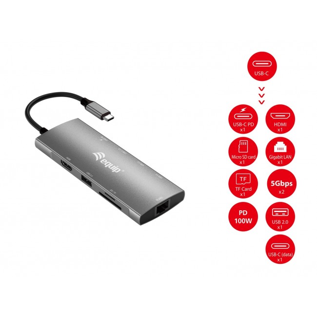 Equip USB-C 9 in 1 Multifunctional Adapter, HDMI 4K/60Hz, Gigabit LAN, USB 3.2 GEN1, SD/TF, 100W USB PD