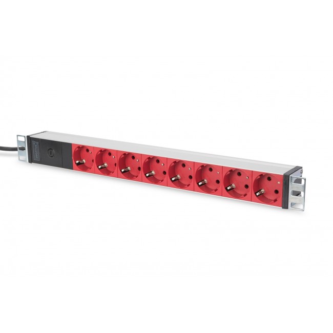 Digitus aluminum outlet strip with pre-fuse, 8 safety outlets, 2 m supply IEC C14 plug