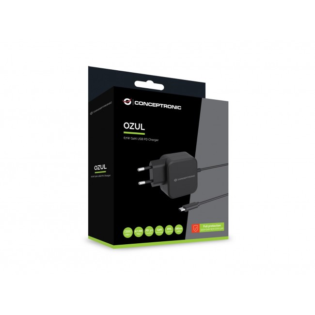 Conceptronic OZUL04BE 67W GaN USB PD Charger, Built-in USB-C Cable
