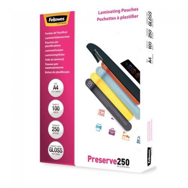 Fellowes A4 Glossy 250 Micron Laminating Pouch - 100 pack Fellowes A4 Glossy 250 Micron Laminating Pouch - 100 pack