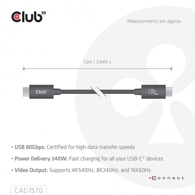 CLUB3D USB 80Gbps Certified 240W 8K240Hz Type-C 1.2m / 3.94ft Black Cable CLUB3D USB 80Gbps Certified 240W 8K240Hz Type-C 1.2m / 3.94ft Black Cable