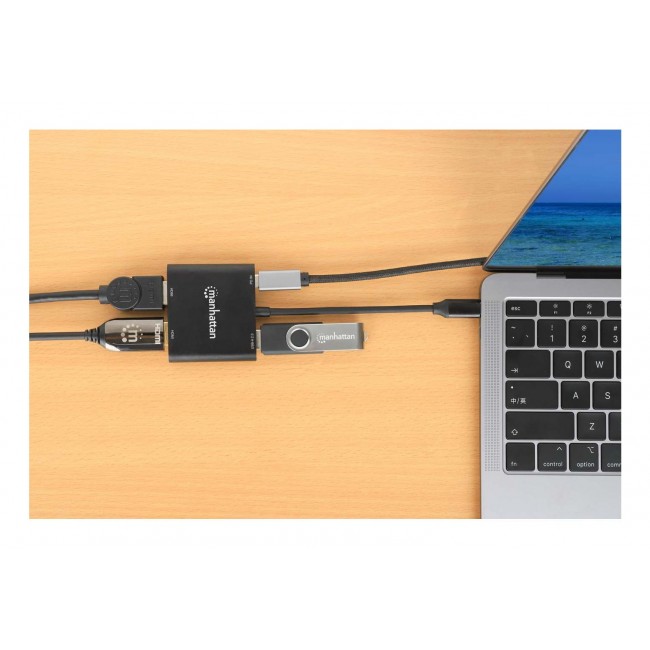 Manhattan USB-C to Dual HDMI and USB-A Adapter, Dual 4K@30Hz or Single 4K@60Hz, USB 2.0 USB-A Port (480 Mbps), Up to 100W USB-C Power Delivery Pass-Through, 15cm Cable, Black, Three Year Warranty
