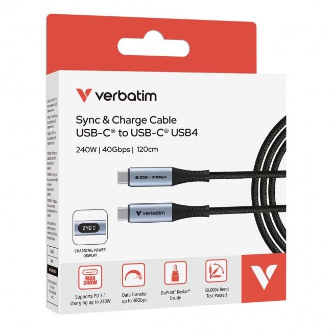 Verbatim Sync & Charge USB C to USB C 240W 40 Gbps Display 120 cm Verbatim Sync & Charge USB C to USB C 240W 40 Gbps Display 120 cm