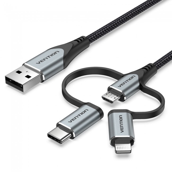 Vention USB 2.0 A Male to 3-in-1 Micro-B&USB-C&Lightning Male Cable 1M Gray Aluminum Alloy Type Vention USB 2.0 A Male to 3-in-1 Micro-B&USB-C&Lightning Male Cable 1M Gray Aluminum Alloy Type